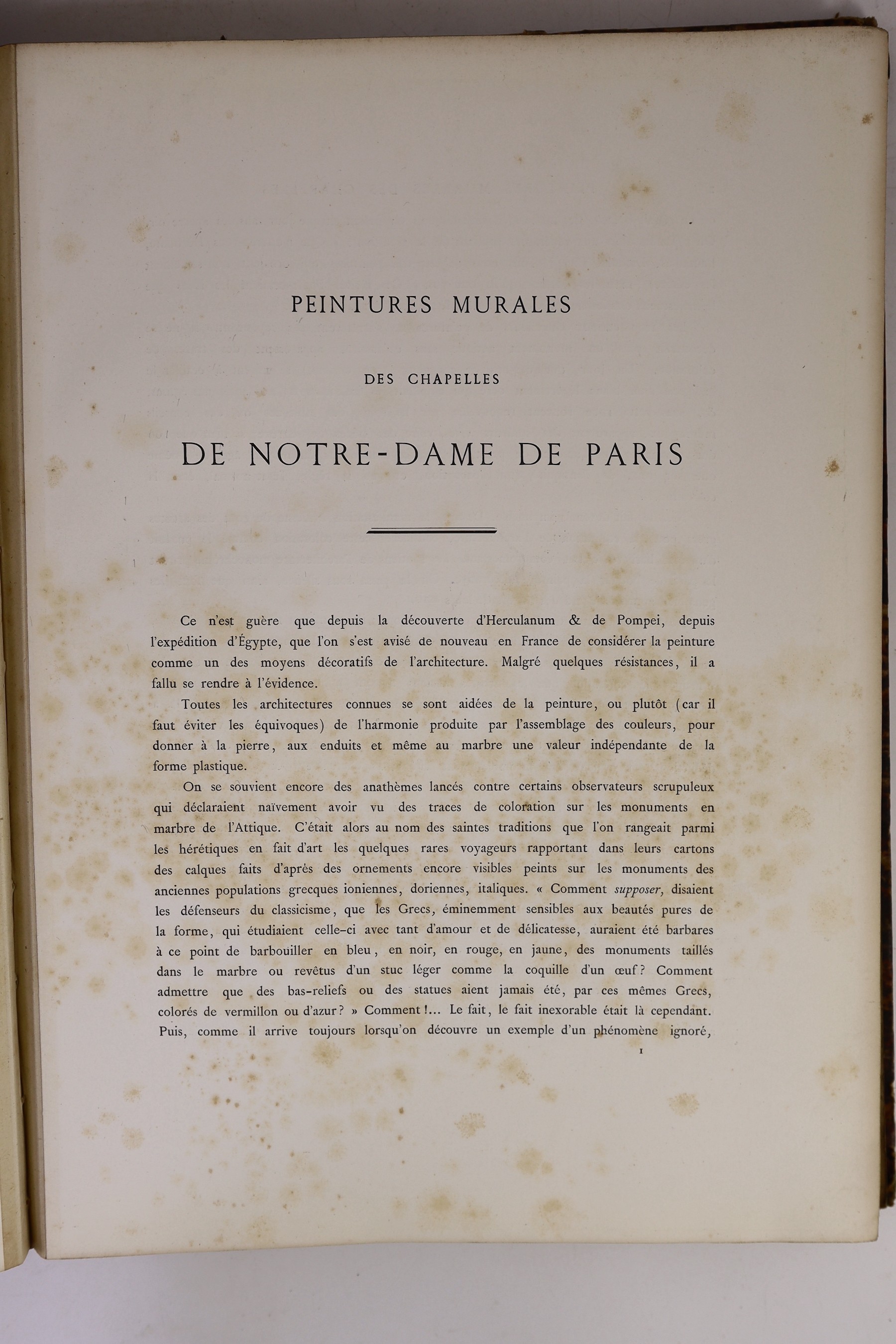 Violet-le-Duc, Eugene Emmanuel and Ouradou, Maurice - Peintures Murales des Chapelles de Notre-Dame de Paris, folio, quarter red morocco gilt, with 60 chromolithograph plates, the final 10 plates water damaged, some stuc